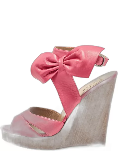 Valentino Pink Leather Wedge Ankle Strap Sandal