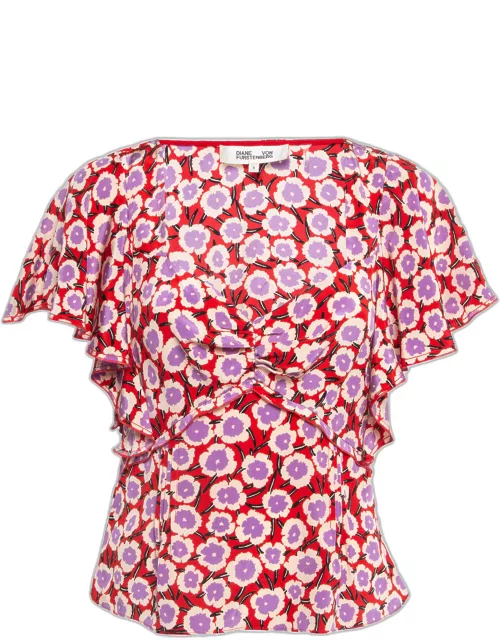 Diane Von Furstenberg Red Floral Print Silk Ruffled De Chine Top