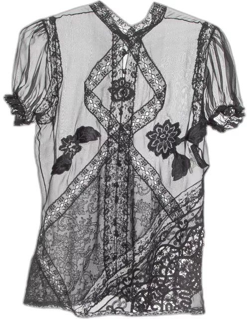 Dolce & Gabbana Black Lace Trim Silk Applique Detail Sheer Top