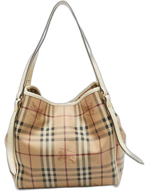 Burberry Beige/White Haymarket Check Coated Canvas and Patent Leather Small Canterbury Tote
