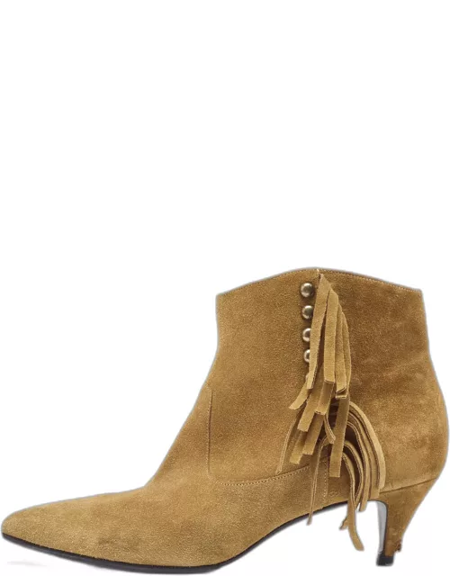 Saint Laurent Brown Suede Fringe Detail Pointed Toe Ankle Boot