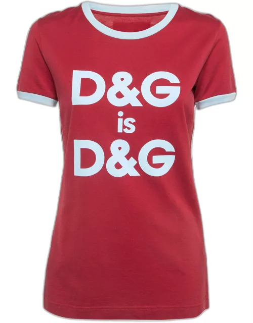 Dolce & Gabbana Red Logo Printed Cotton Contrast Detail T-Shirt