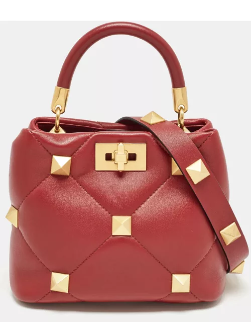 Valentino Burgundy Leather Small Roman Stud Top Handle Bag