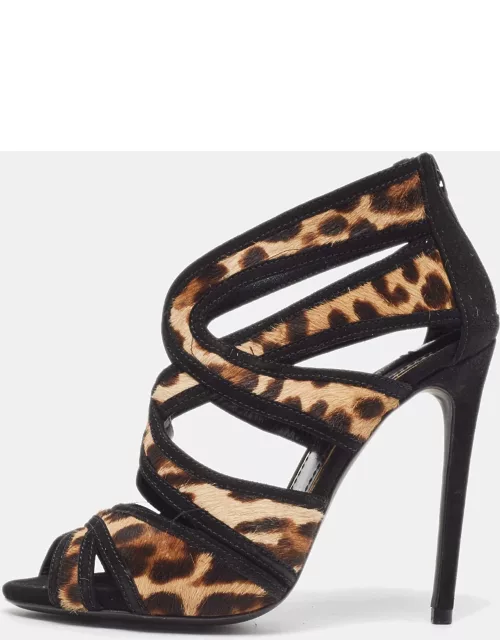 Dolce & Gabbana Beige/Black Leopard Print Calf Hair and Suede Peep Toe Sandal