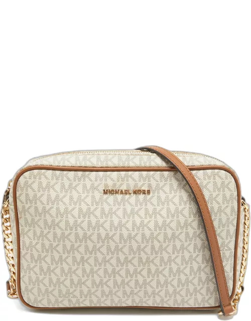 Michael Kors White/Brown Signature Coated Canvas and Leather East West Crossbody Bag