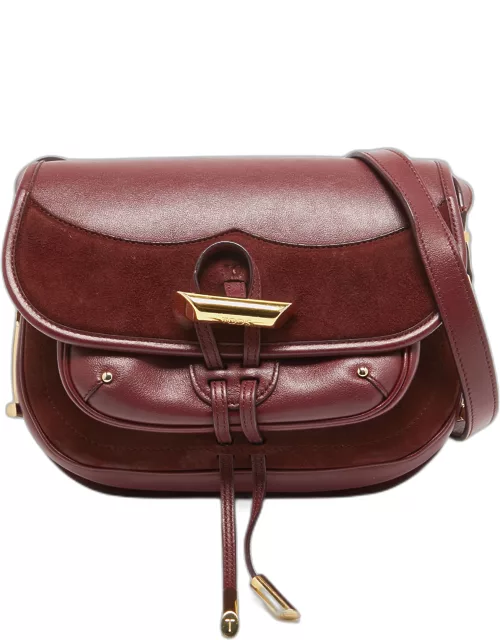 Tod's Burgundy Leather and Suede Toggle Flap Crossbody Bag