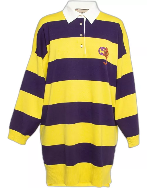 Gucci Yellow/Purple G Cat Applique Striped Cotton Knit Polo Dress