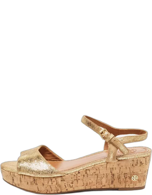 Tory Burch Gold Texture Suede Wedge Ankle Strap Sandal