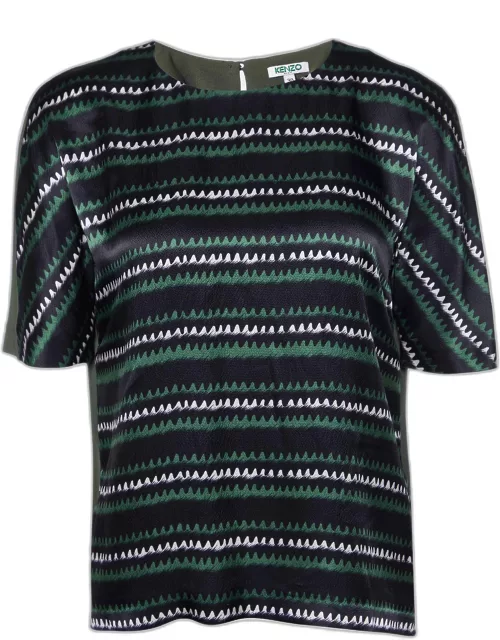 Kenzo Green Printed Silk Short Sleeve Top