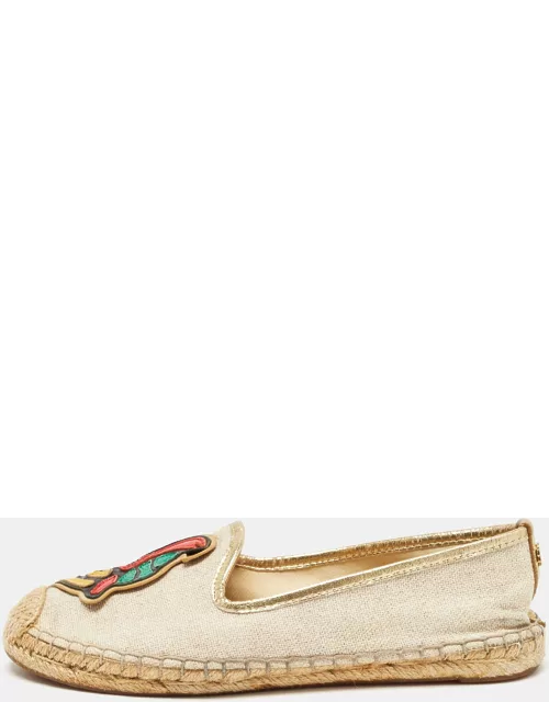 Tory Burch Beige/Gold Canvas and Leather Trim Slip On Espadrille Flat