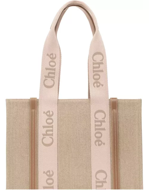 Chloé Pink And Beige Woody Medium Shopping Bag With Shoulder Strap