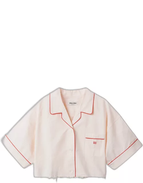 Piped Short-Sleeve Cropped Button-Front Shirt