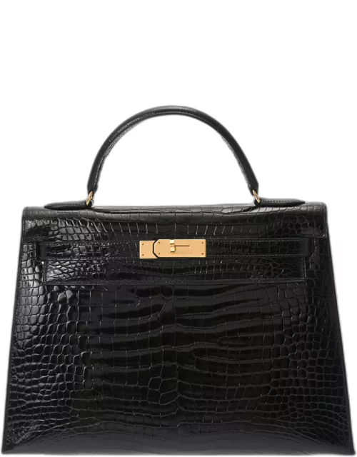 Hermes Black Shiny Porosus Crocodile Kelly Sellier bag