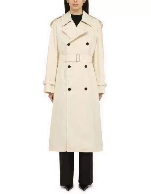 Long double-breasted beige cotton trench coat