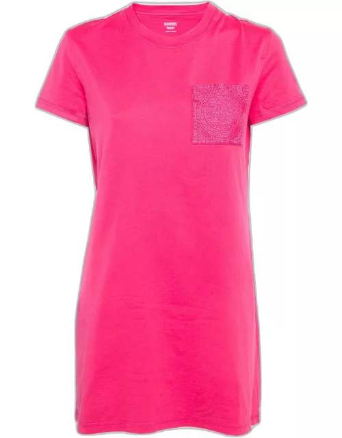 Hermès Pink Embroidered Pocket Cotton Knit Mini T-Shirt Dress