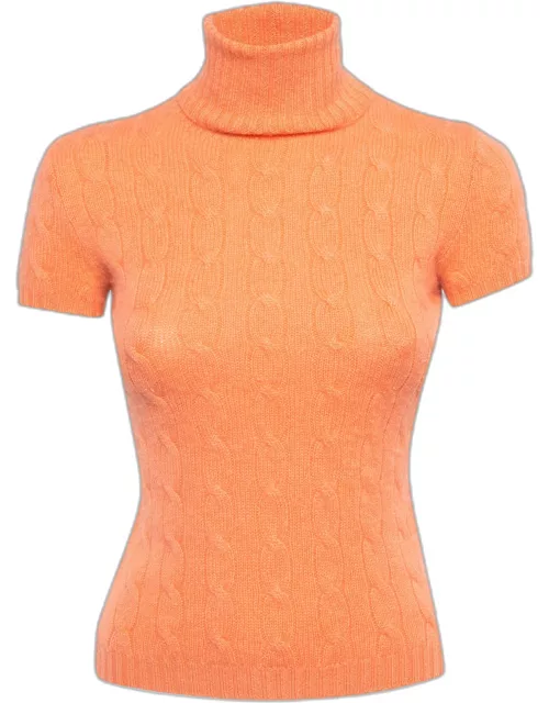 Ralph Lauren Orange Cashmere Cable Knit Short Sleeve Slim Fit Top