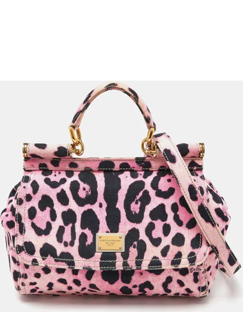Dolce & Gabbana Pink/Black Leopard Print Canvas Medium Miss Sicily Top Handle Bag