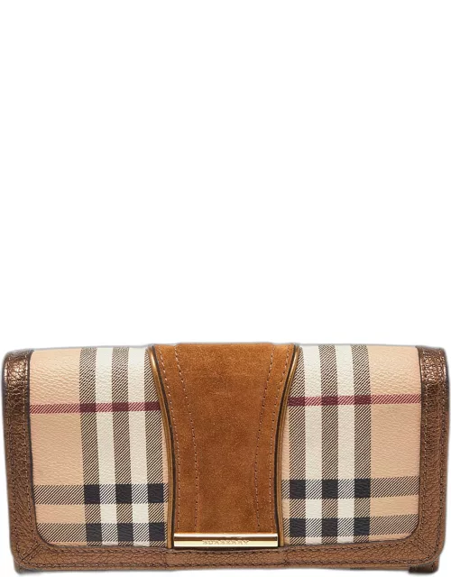 Burberry Beige/Metallic Nova Check PVC Leather and Suede Flap Continental Wallet