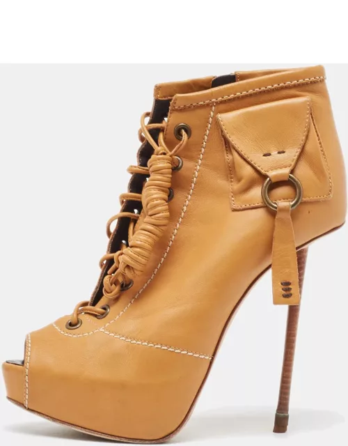 Giuseppe Zanotti Light Brown Leather Peep Toe Lace Up Ankle Boot
