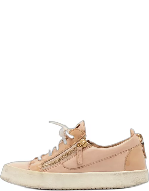 Giuseppe Zanotti Beige Leather and Patent Zip Detail Low Top Sneaker
