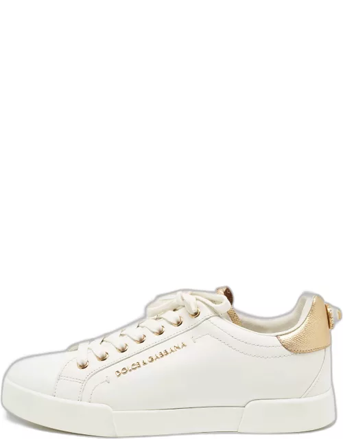 Dolce & Gabbana White Leather Pearl Embellished Portofino Sneaker