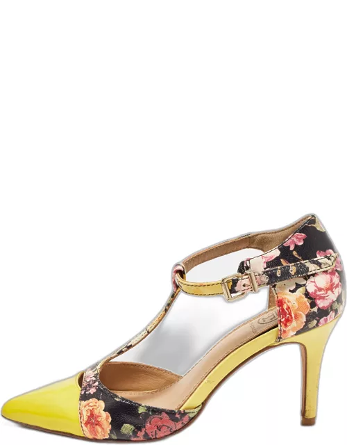 Tory Burch Multicolor Floral Print Leather and Patent Ankle Strap Sandal