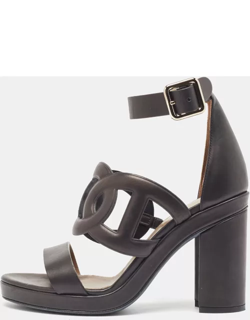 Hermes Black Leather Block Heel Ankle Strap Sandal