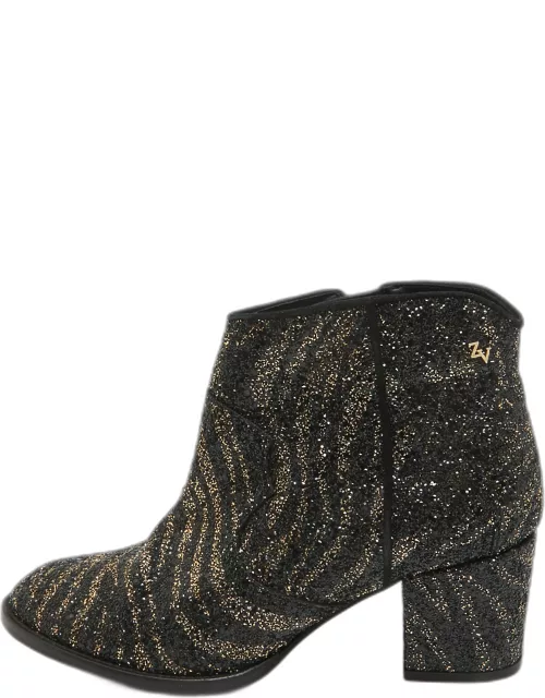 Zadig & Voltaire Black/Gold Glitter Block Heel Ankle Boot
