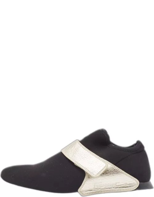 Salvatore Ferragamo Black/Gold Stretch Fabric and Leather Slip On Sneaker