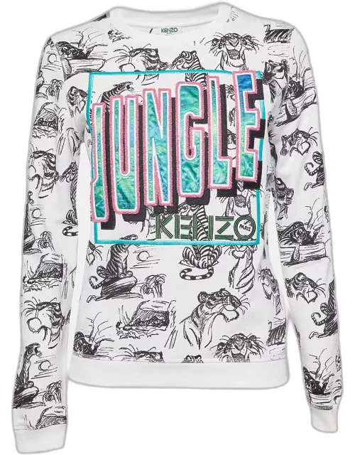 Kenzo White Jungle Embroidered Cotton Knit Crew Neck Sweatshirt