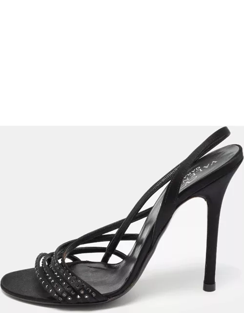 Valentino Black Satin Crystal Embellished Slingback Sandal