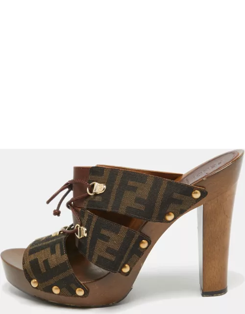 Fendi Brown Zucca Canvas and Leather Strappy Platform Sandal