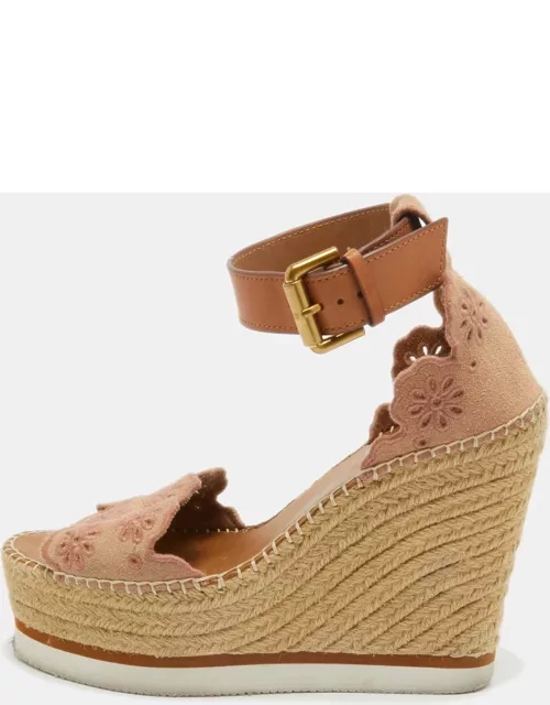 See by Chloe Pink/Beige Leather and Suede Wedge Espadrille Sandal