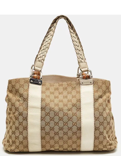 Gucci Beige/Cream GG Canvas and Leather Large Bamboo Bar Tote