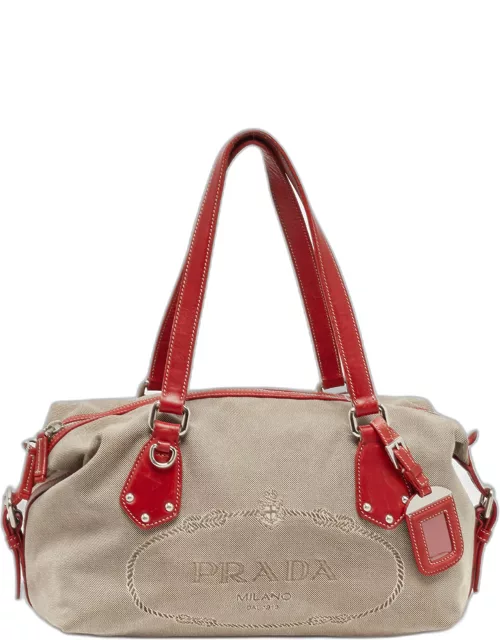 Prada Beige/Red Logo Jacquard Fabric and Leather Bag