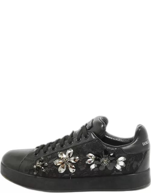 Dolce & Gabbana Black Leather Crystal Embellished Low Top Sneaker