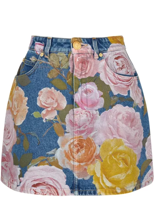 Balmain Floral-print Denim Mini Skirt - Blue - 40 (UK12 / M)