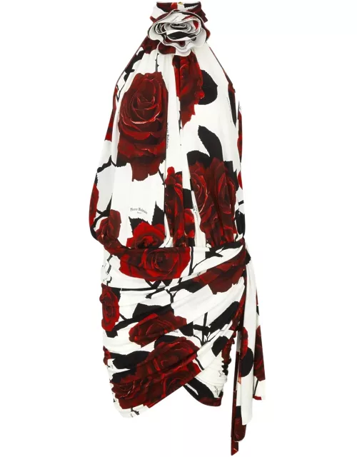 Balmain Rose-print Halterneck Draped Mini Dress - White - 38 (UK10 / S)