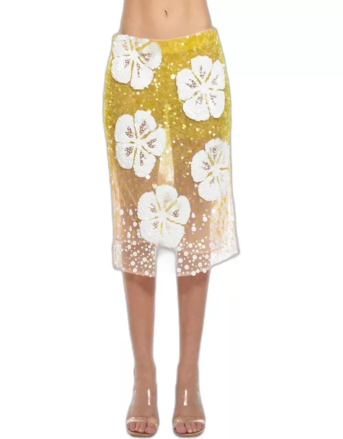 Sequined Hibiscus Midi Skirt