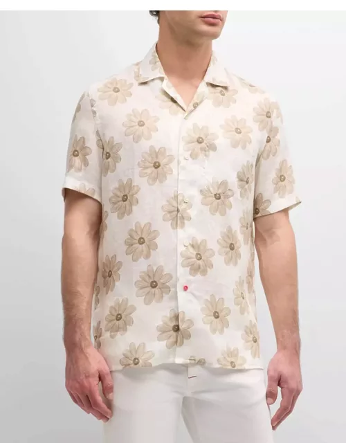 Men's Linen Floral-Print Camp Shirt