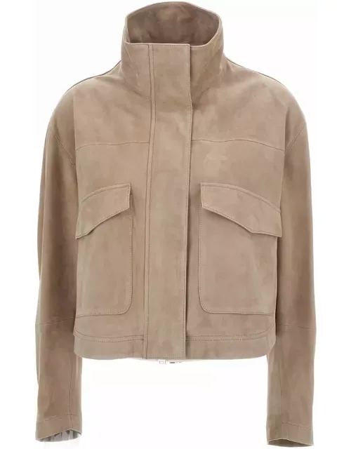 ARMA Beige High Collar Jacket In Suede Leather Woman
