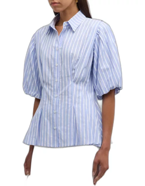 Julie Blouson-Sleeve Striped Cotton Dobby Shirt