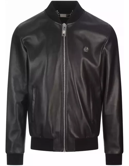 Philipp Plein Black Leather Bomber Jacket With Pp Hexagon