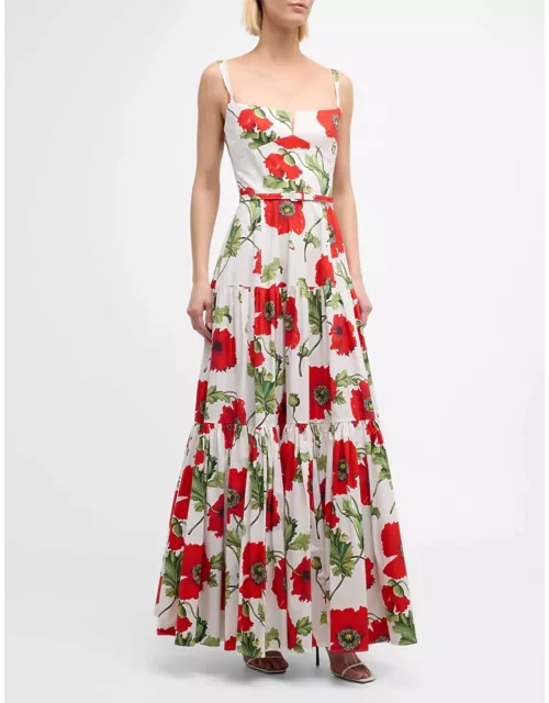 Poppies-Print Sleeveless Belted Tiered Maxi Dres