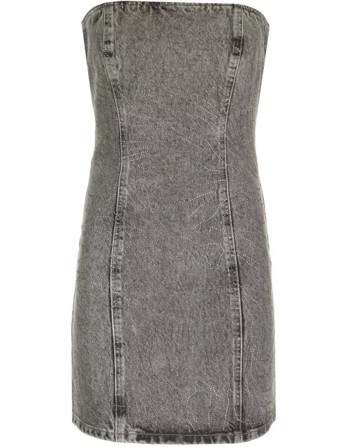 Rotate by Birger Christensen Denim Grey Mini Dress With Rhinestone
