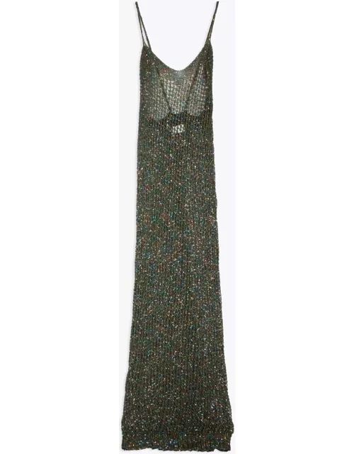 Laneus Pailletes Dress Woman Military green net knitted long dress with sequin