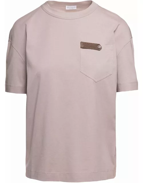 Brunello Cucinelli Beige Crewneck T-shirt With Monile Detail In Cotton Woman