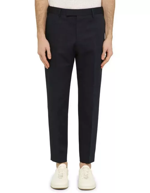PT01 Navy Blue Slim Trousers In Cotton And Linen