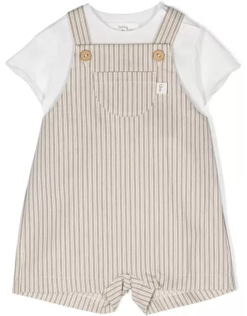 Teddy & Minou Two Piece Set With Striped Dungarees In Beige