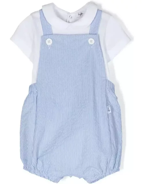 Il Gufo White And Light Blue Two Piece Set With Seersucker Dungaree
